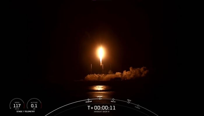 A Falcon 9 rocket topped with the Arabsat BADR-8 satellite lifts off from Cape Canaveral Space Force Station in Florida on May 27, 2023. — SpaceX