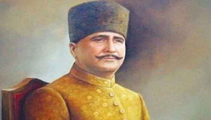 A painted portrait of Pakistans national poet Allama Iqbal.