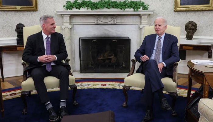 US President Joe Biden hosts debt limit talks with House Speaker Kevin McCarthy (R-CA) in the Oval Office at the White House in Washington, US, May 22, 2023.