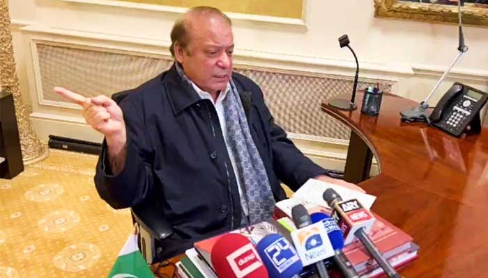 PML-N supremo Nawaz Sharif is addressing the media in London in this still taken from a video. —  PML-N/File