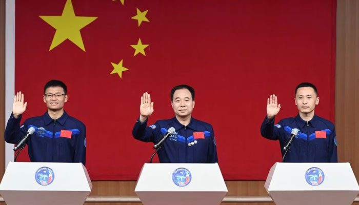 Astronauts Jing Haipeng, Zhu Yangzhu and Gui Haichao attend a press conference before the Shenzhou-16 spaceflight mission to Chinas space station, at Jiuquan Satellite Launch Center, near Jiuquan, China May 29, 2023. — Reuters