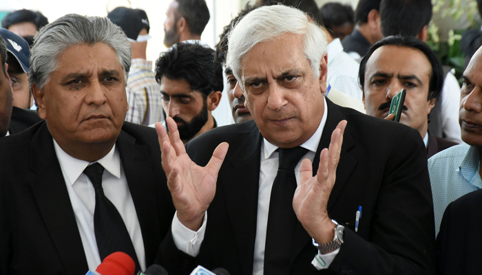 Special Assistant to the Prime Minister Irfan Qadir talks to the media outside the Supreme Court on July 26, 2022. — Online