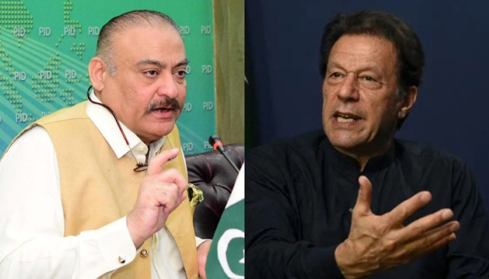 وزیر صحت عبدالقادر پٹیل (بائیں) اور پی ٹی آئی چیئرمین عمران خان۔  — PPI/AFP/فائل