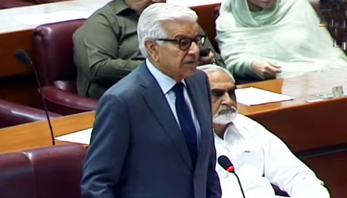 Defence Minister Khawaja Asif speaking during the National Assembly session on May 30, 2023, in this still taken from a video. — YouTube/Geo News