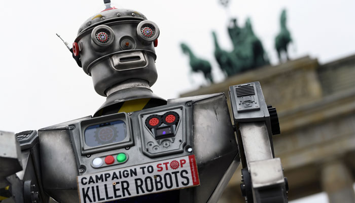 Activists from the Campaign to Stop Killer Robots, a coalition of non-governmental organizations, protest at the Brandenburg Gate in Berlin. — Reuters/File