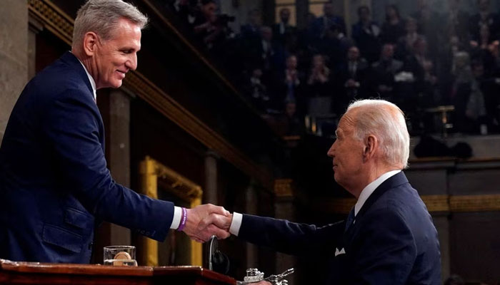 President Joe Biden shakes hands with House Speaker Kevin McCarthy of Calif., after the State of the Union address to a joint session of Congress at the Capitol, Tuesday, Feb. 7, 2023, in Washington.—Reuters