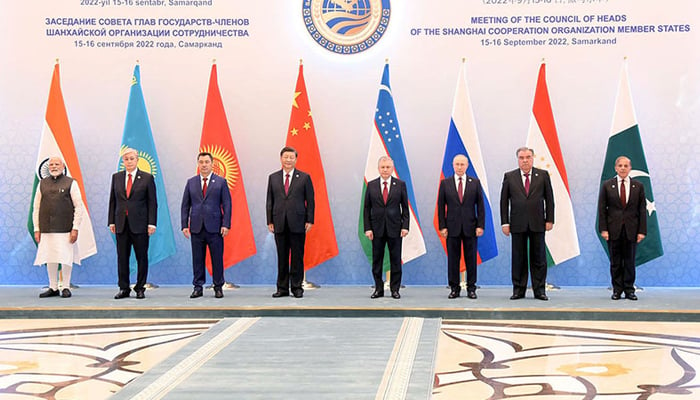 Prime Minister Muhammad Shehbaz Sharif in a group photo with the Heads of States of Shanghai Cooperation Organization member countries at SCO-CHS Summit in Congress Centre in Uzbekistan, on September 16, 2023. — APP