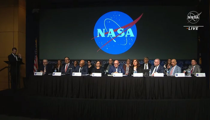 Nasas UFO panel while discussing the unidentified anomalous phenomena (UAPs) in their first public meeting on May 31, 2023. — Screengrab/YouTube/Nasa Video