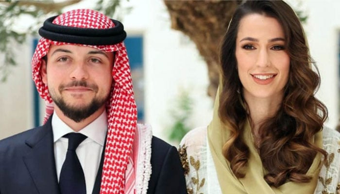 Crown Prince of Jordan Hussein bin Abdullah and Saudi citizen Rajwa Khalid Al-Saif can be seen in this picture obtained on June 1, 2023. — Jordan News Agency