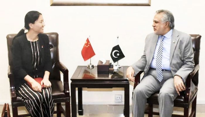 Chinas Acting Charge’d Affairs Bao Zhong meets with Finance Minister Ishaq Dar in Islamabad, on June 1, 2023. — Twitter/@FinMinistryPak
