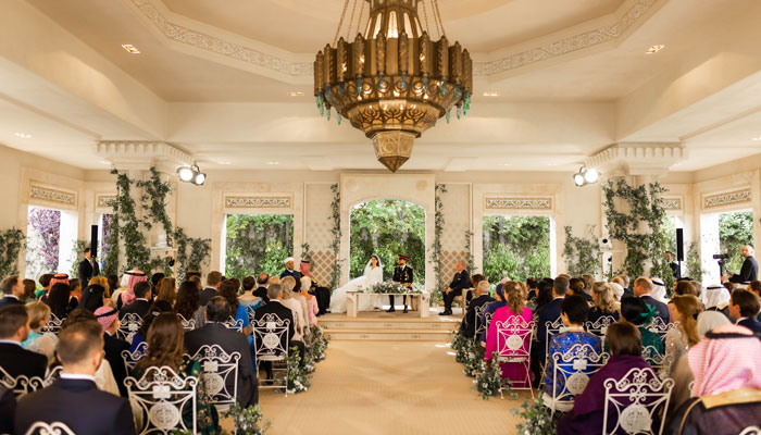 Crown Prince of Jordan Al Hussein bin Abdullah II weds Saudi citizen Rajwa Al-Saif on Thursday at Zahran Palace in Amman on Thursday, June 1, 2023. — Twitter/@RHCJO