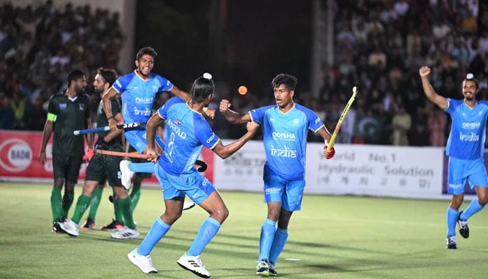 Indian players celebrating a goal against Pakistan — Asian Hockey Federation