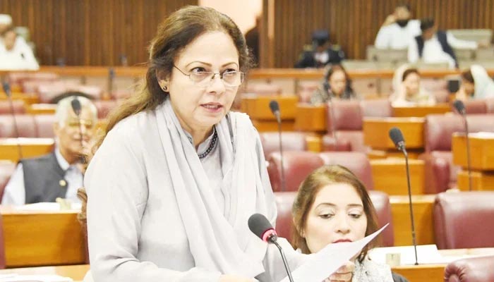 Minister of State for Finance and Revenue Dr Aisha Ghaus Pasha speaks in this undated photo. — Twitter/@aishagpasha