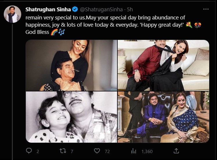 Sonakshi Sinhas dad Shatrughan Sinha pens long note on daughters birthday