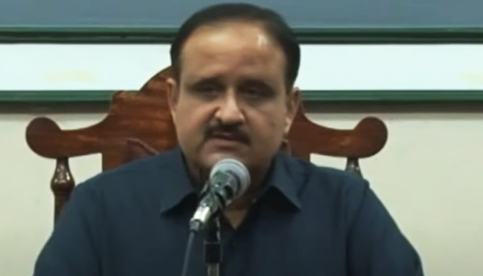 PTI leader Usman Buzdar addressing a press conference in Lahore, on June 2, 2023, in this still taken from a video. — YouTube/GeoNews