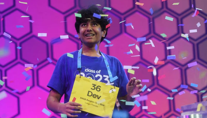 Dev Shah, 14, reacts after winning the Scripps National Spelling Bee competition in National Harbor, Maryland US on June 1, 2023. — Reuters