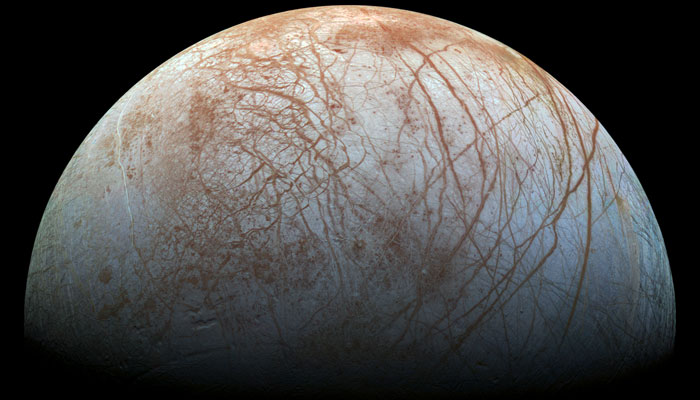 This colour view of Jupiter’s moon Europa was captured by Nasas Galileo spacecraft in the late 1990s. — Nasa/File