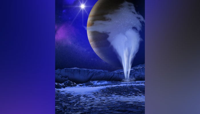 This illustration depicts a plume of water vapour that could potentially be emitted from the icy surface of Jupiter’s moon Europa. — Nasa/File