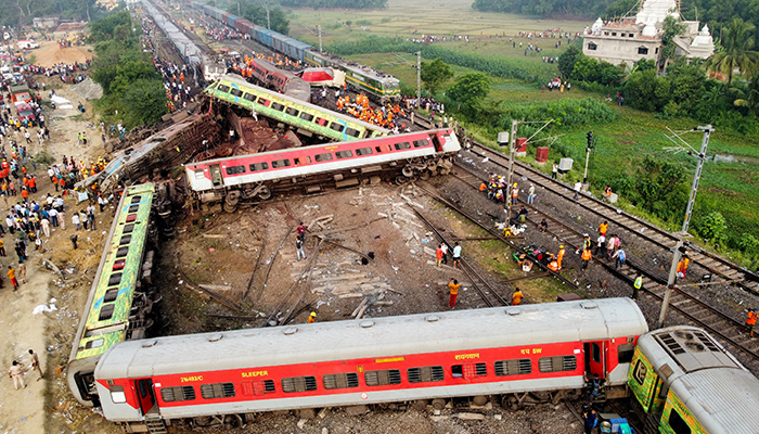 A drone view shows derailed coaches after two passenger trains collided in the Balasore district in the eastern state of Odisha, India, on June 3, 2023. — Reuters