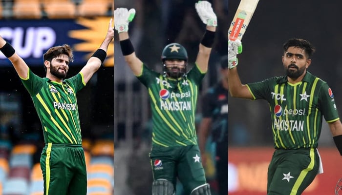 A collage of Pakistani cricketers Shaheen Shah Afridi (left), Babar Azam (centre) and Mohammad Rizwan. — AFP/File