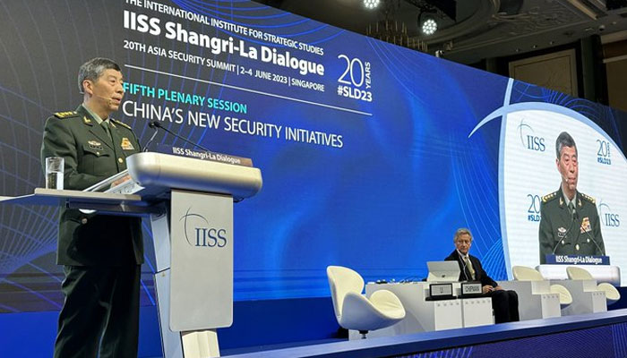 Chinese Defence Minister Li Shangfu speaks at the IISS Shangri-La Dialogue in Singapore on June 4, 2023. — Twitter/IISS_org