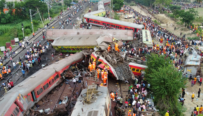 A drone view shows derailed coaches after trains collided in Balasore district in the eastern state of Odisha, India, June 3, 2023. — Reuters