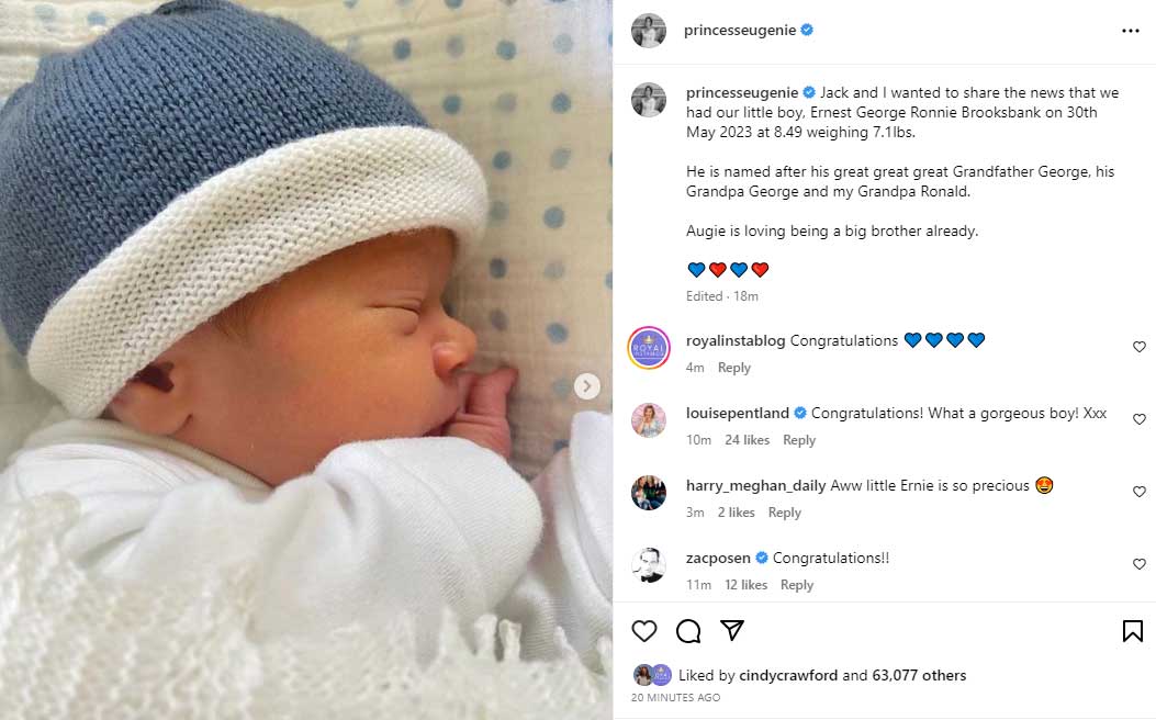 Princess Eugenie gives birth to second child
