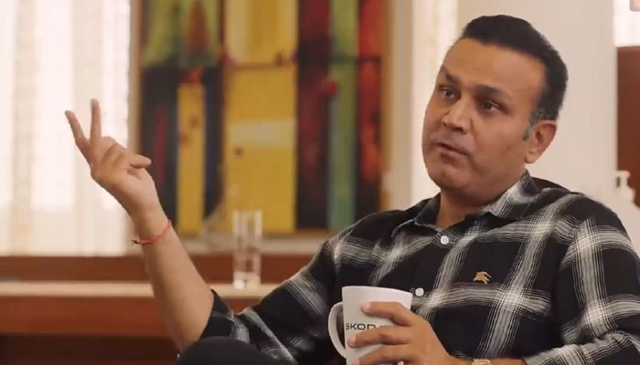 Former Indian Test cricketer Virender Sehwag speaking during an interview in this still taken from a video on June 5, Monday. — Twitter/_FaridKhan