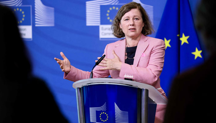 EC VP Vera Jourova speaks during a press conference on the meeting of the task force of the Code of Practice on disinformation at EU headquarters in Brussels. — AFP
