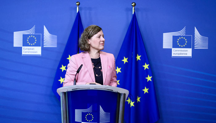 European Commission vice-president Vera Jourova speaks during a press conference on the meeting of the task force of the Code of Practice on disinformation at EU headquarters in Brussels on June 5, 2023. — AFP