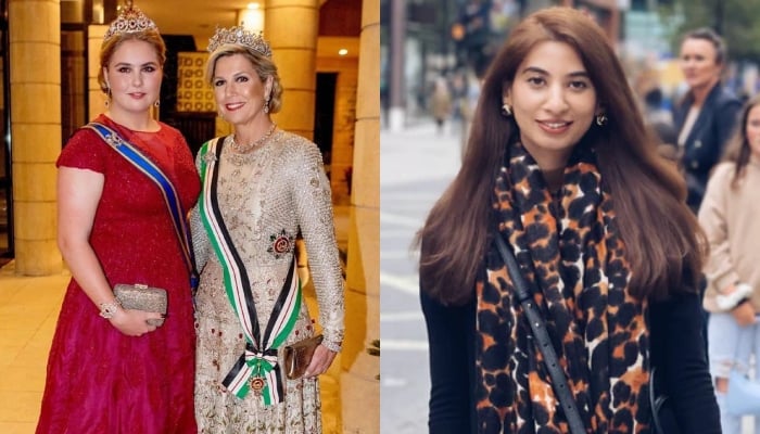 Queen Maxima of the Netherlands (left) wearing Pakistani fashion designer Mahpara Khans (right) dress at Jordans Crown Prince Hussein bin Abdullahs wedding. — Instagram//www.mahparakhan.com