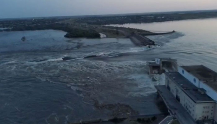 A general view of the Nova Kakhovka dam that was breached in Kherson region, Ukraine June 6, 2023, in this screen grab taken from a video.—Reuters