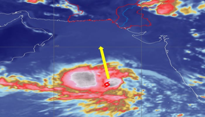 A satellite image of the cyclonic storm present in the Arabian Sea taken on Monday evening. — PMD