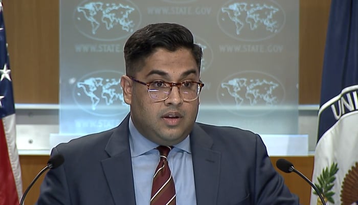 State Department spokesperson Vedant Patel addressing daily press briefing in this still taken from a video. — State Department.