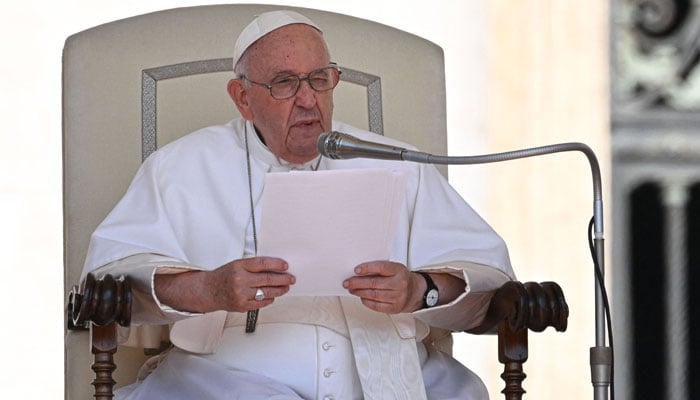 Pope Francis speaks during the weekly general audience on June 7, 2023, at St. Peters Square in The Vatican. — AFP