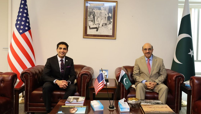 Texas House of Representatives member Salman Bhojani (Left) with Masood Khan at the Pakistan Embassy in US, Washington on June 8, 2023. — Twitter/@Masood__Khan