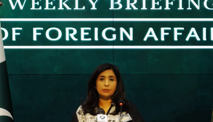 Foreign Office spokesperson Mumtaz Zahra Baloch addressing her weekly press briefing in Islamabad, on June 8, 2023, in this still taken from a video. — Facebookforeignofficepk