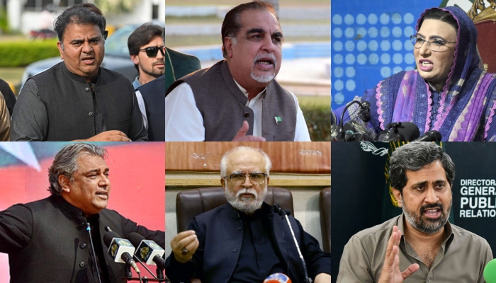 (Left to right) Former PTI leaders Fawad Chaudhry, Imran Ismail, Firdous Ashiq Awan, Ali Zaidi, Mahmood Maulvi and Fayyaz ul Hassan Chohan. — AFP/INP/Online/APP/Files