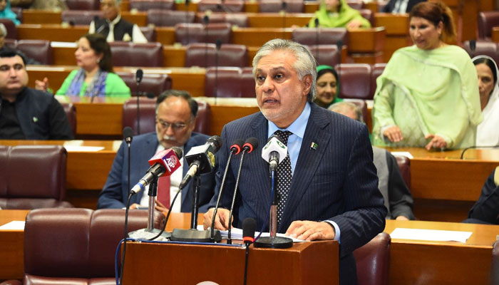 Finance Minister Ishaq Dar presents federal budget for fiscal year 2023-24 in National Assembly on June 9, 2023. — Twitter/@NaofPakistan