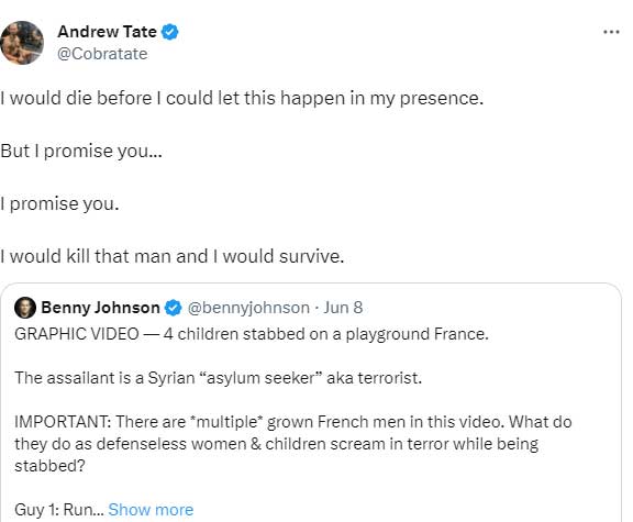 Andrew Tate threatens to kill France knife attacker