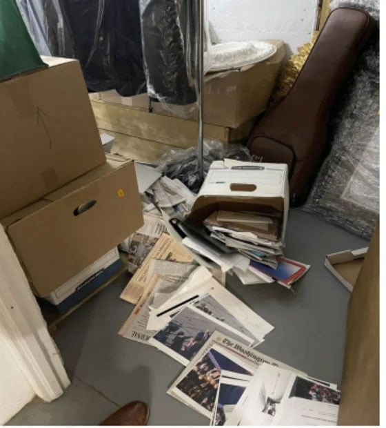 A photo included in the indictment shows documents found by Walt Nauta on the floor in a storage room in Mar-a-Lago, including one with classified markings.Courtesy: US Justice Department