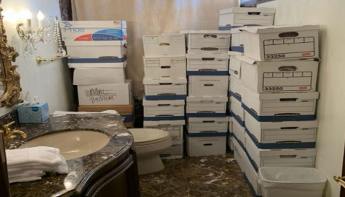 Boxes of classified information in bathroom. Pic: Department of Justice