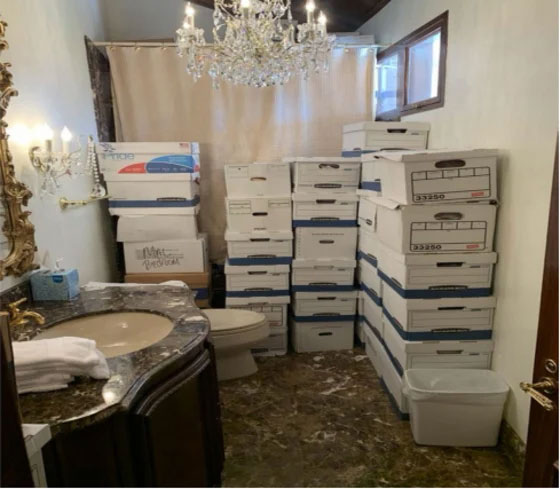 Photo included in the indictment showing boxes stored in a Mar-a-Lago bathroom.US Justice Dept