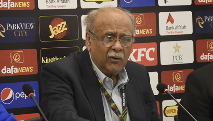 Chairman Pakistan Cricket Board(PCB) Management Committee Najam Sethi addresses a press conference at the Pindi cricket Stadium in Rawalpindi on April 20, 2023. — Online