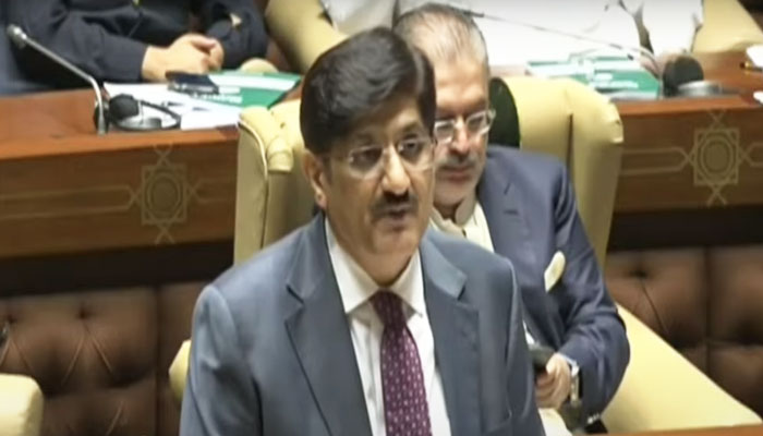 Sindh Chief Minister Murad Ali Shah presents provincial budget on June 10, 2023 in Karachi, Pakistan in this still taken from a video. — Geo News/YouTube