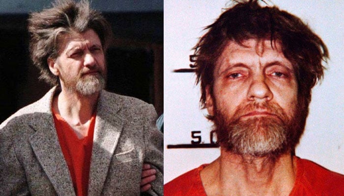Theodore Kaczynski is led out of federal court where he was charged with a single federal weapons violation April 4, 1997 (L) and poses in his booking mugshot from April 1996(R).—Reuters