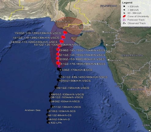 Observed and forecast track of cyclone
