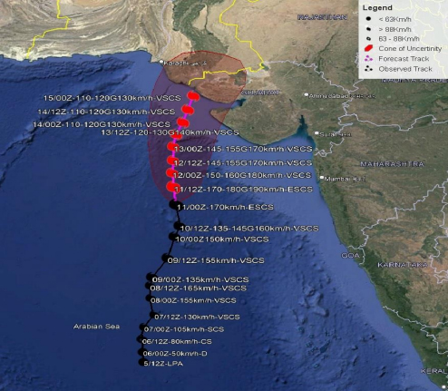 Observed and forecast track of cyclone