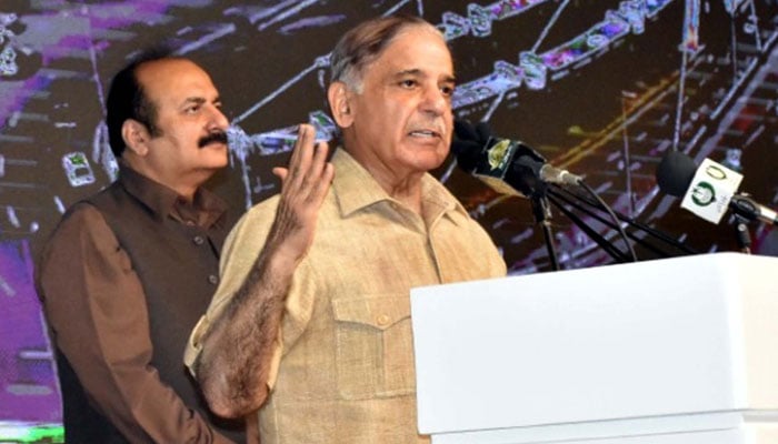 Prime Minister Shehbaz Sharif addresses during his visit of Sabzazar Sport Complex in Lahore on June 11, 2023. — PID