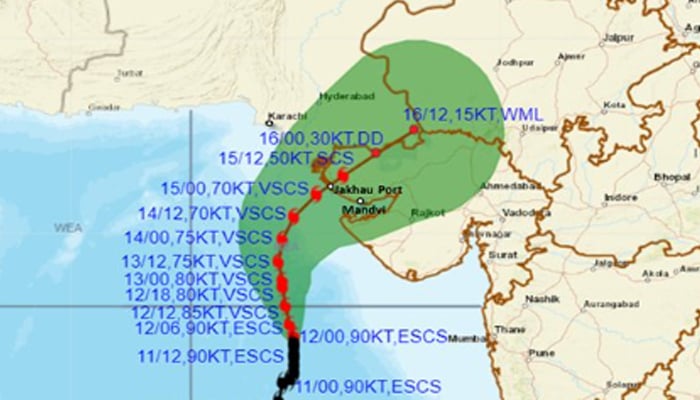 Satelite image indicating the intensity and location of Cyclone Biparjoy. — Twitter/@Indiametdept